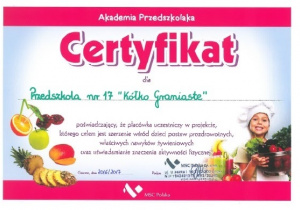 Certyfikat Adkademii Przedszkolaka - zdrowe nawyki żywieniowe