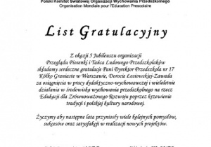 List Gratulacyjny - OMEP