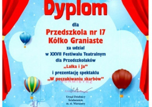 Dyplom za udział w festiwalu teatralnym "Lalka i ja"