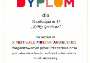 Dyplom za udział w X Festiwalu Piosenki Angielskiej